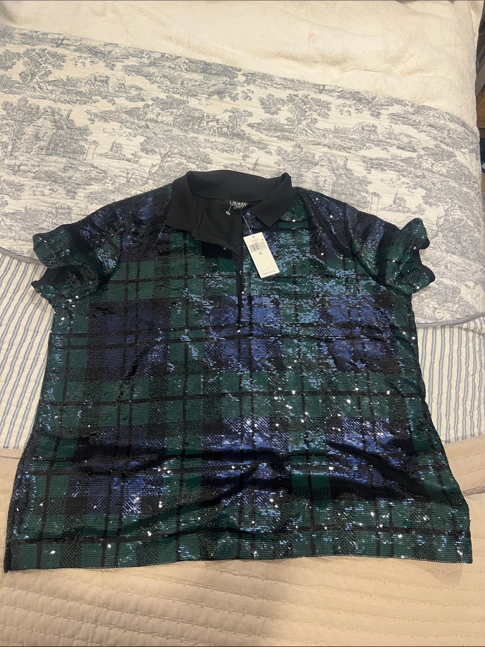 Lauren Ralph Lauren Sequin Plaid Polo in Green, Blue & Black